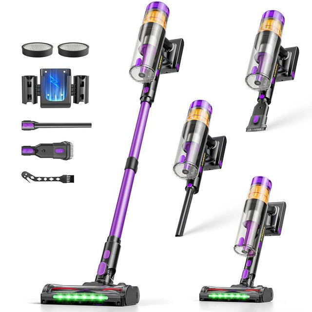 Flybroom Cordless Vacuum Cleaner, 650W 48KPa Vacuum Cleaners for Home, Self-Standing Stick Vacuums with LED Display, Anti-Tangle, Lightweight, Stick Vacuum Rechargeable for Pet Hair Carpet Floor