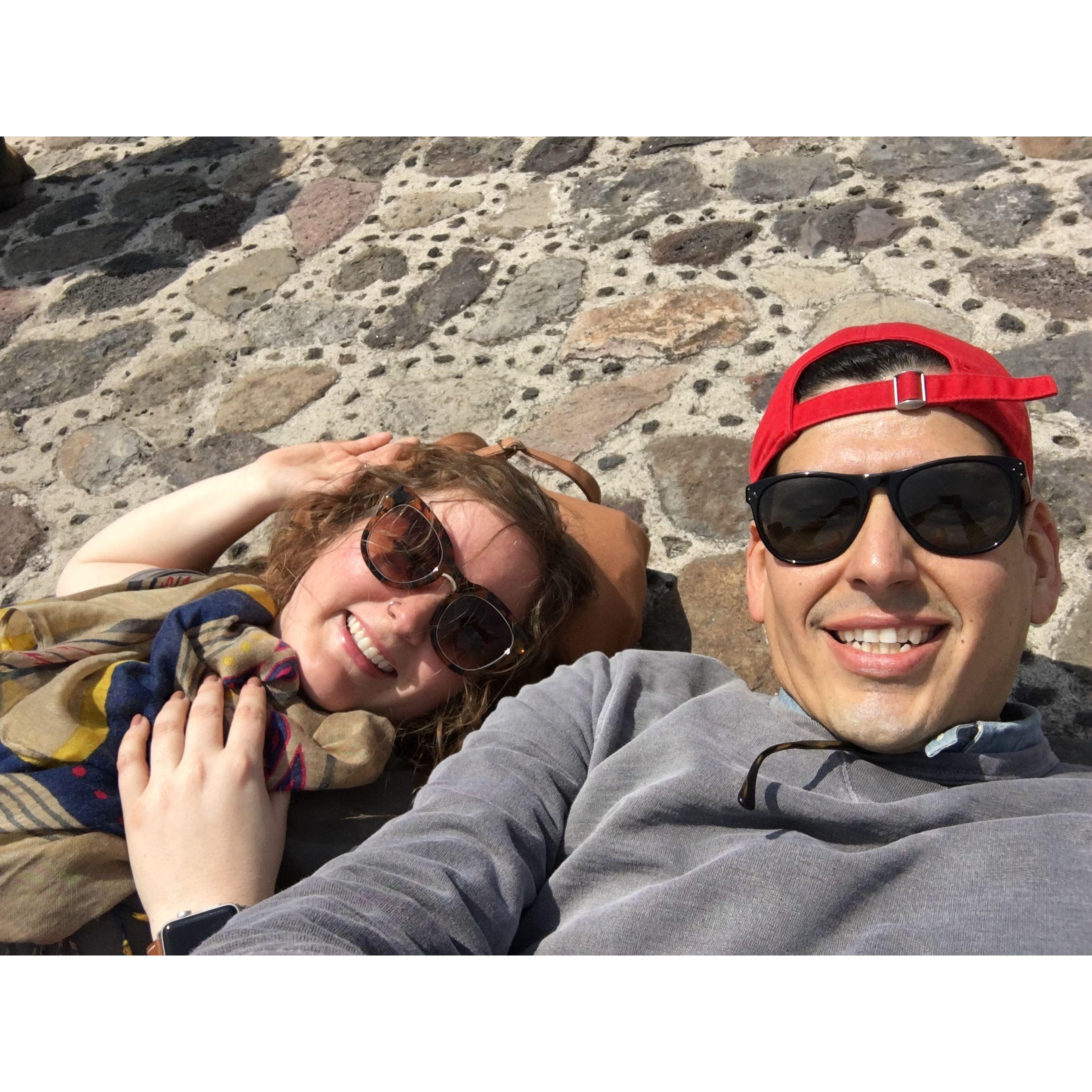 After a long climb to the top of a pyramid at Teotihuacan.
