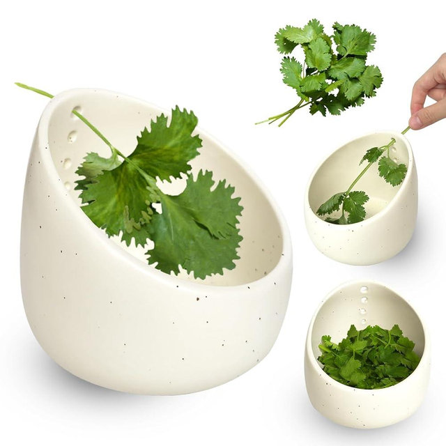 Pottery Herb Stripper Bowl, Handmade Ceramic Herb Peeling Bowl, Herb Stripper Tool 4 holes for Separating Leaves and Stems, Pottery Kitchen Tool for Meal Prep (White)