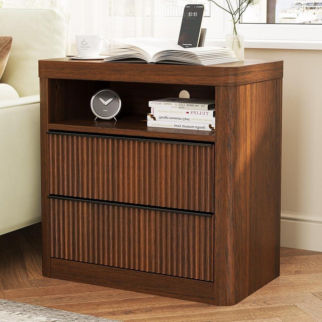 Night Stand,Fluted Nightstands with Drawer Storage Bedside Table Large Modern Nightstand with USB Port and Outlet, Mid Century Nightstand for Bedroom,Sofa Table(Walnut)