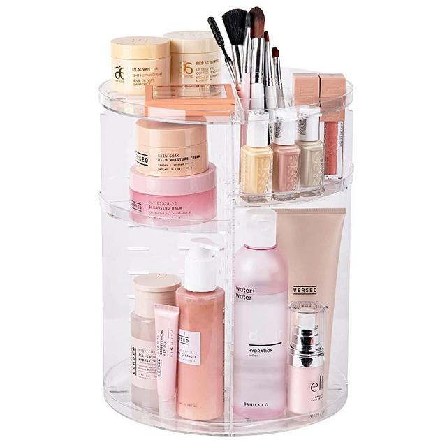 360 Rotating Makeup Organizer - Adjustable Shelf Height and Fully Rotatable. The Perfect Cosmetic Organizer for Bedroom Dresser or Vanity Countertop. (Clear)