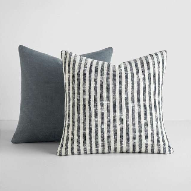 2-Pack Yarn-Dyed Patterns Navy Throw Pillows in Yarn-Dyed Bengal Stripe & Solid - Becky Cameron, Navy Yarn-Dyed Bengal Stripe / Solid