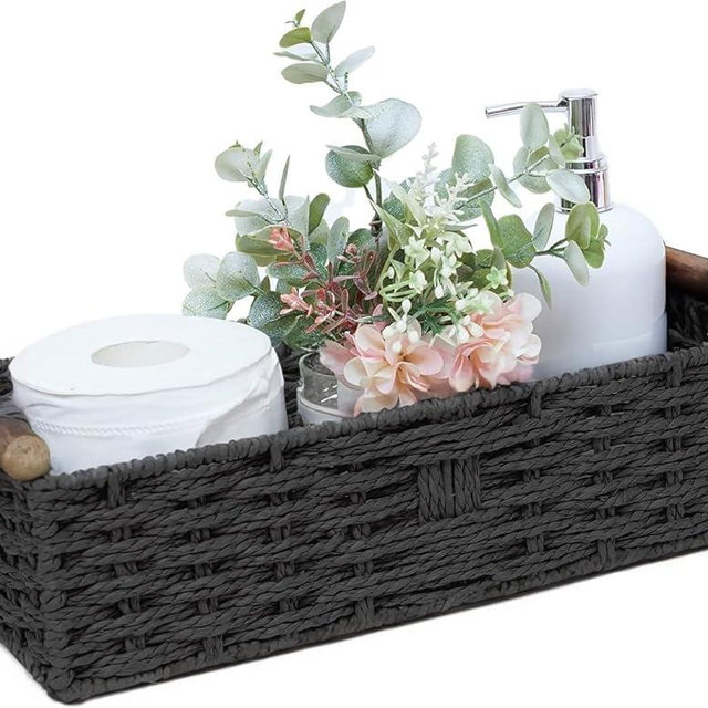 Round Paper Rope Storage Basket Wicker Baskets for Organizing with Handle Decorative Storage Bins for Countertop Toilet Paper Basket for Toilet Tank Top Small Baskets Set,Black
