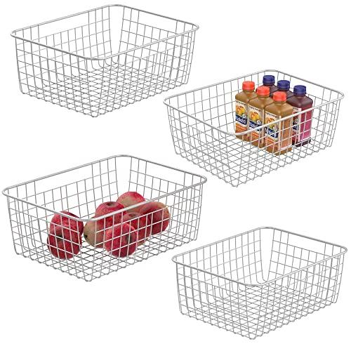 Wire Storage Basket iSPECLE 4 Pack Metal Wire Basket Sturdiness Food Storage Freezer Baskets Organizer Bins with Handles for Kitchen, Pantry, Closet, Laundry Room, Cabinets, Garage, White