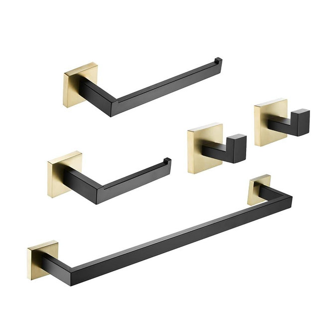 Bathroom Hardware Set 23.6-Inch Towel Bar,2pcs Towel Hook,Toilet Paper Holder,Hand Towel Holder Stainless Steel Black/Gold Bathroom Accessories GTS3190BBG