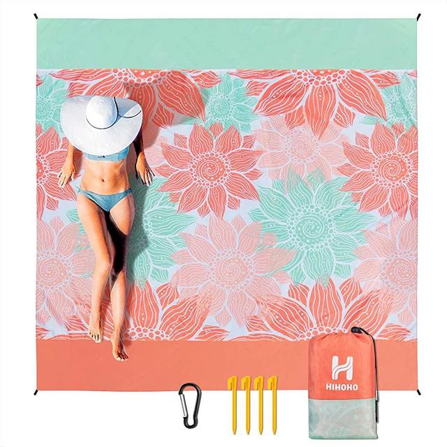 HIHOHO Beach Blanket, Sandproof Beach Mat 79" X 83" for 1-3 Adults Waterproof Quick Drying Outdoor Picnic Mat with Pocket for Travel, Camping, Hiking