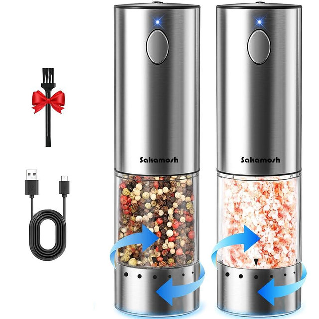 Electric Salt and Pepper Grinder Set External Coarseness Adjustment, Automatic Pepper Mill Grinder Refillable Rechargeable with Dual-Speed Control, LED Light, Stainless Steel Salt Shakers (2 Pack)