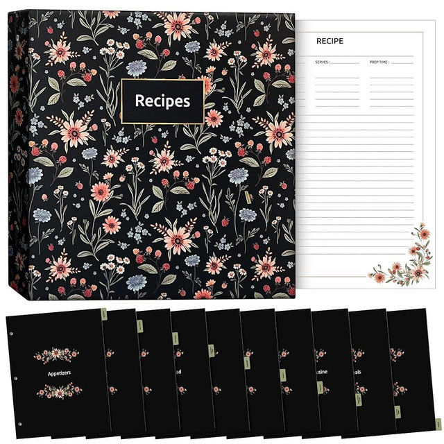 Recipe Organizer with 35 Double Sided Sheet Protectors, 3 Ring Recipe Binder with 11"x8.5" Matching Recipe Cards, 10 Tab Divider Cookbook Organizer with Plastic Sleeves, Recipe Book to Write in