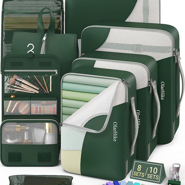 8 Set Packing Cubes for Travel, Gifts for Women Mom,Anti-Tearing Suitcase Organizer for Luggage with Shoe & Hanging Toiletry Bag,OlarHike Vacation Essentials & Accessories for Cruise Ship,Dark Green