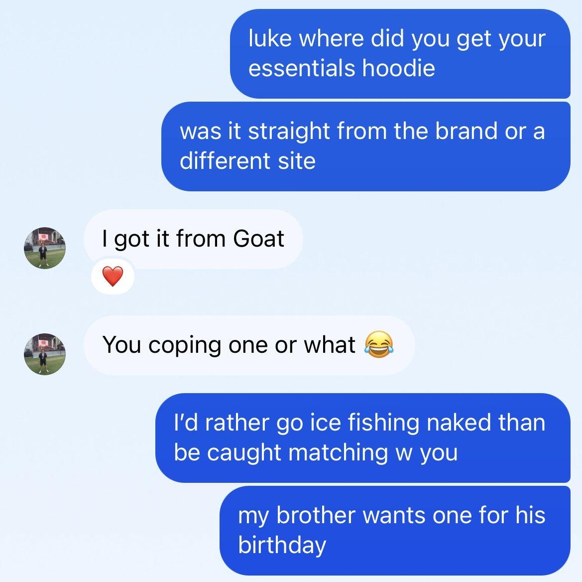 The first message Kiersen ever sent Luke...before she was interested clearly. (Now her brother and Luke can match) -'24