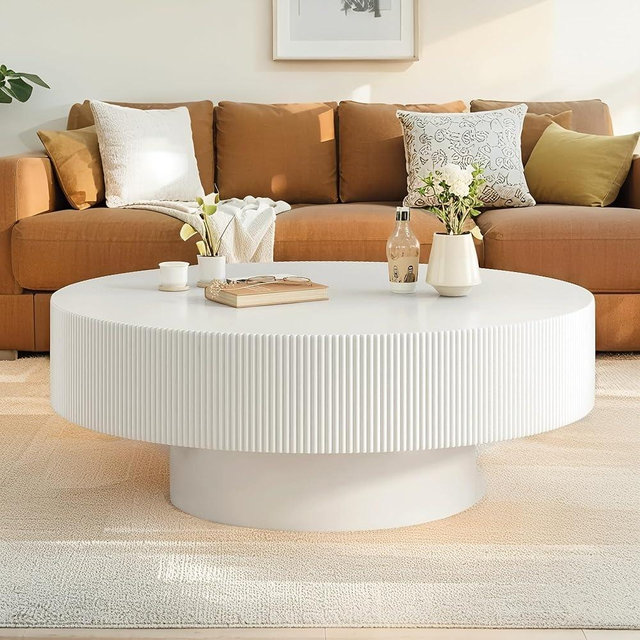 LUMISOL Round Coffee Table, Modern Wood Drum Center Table, Minimalist Fluted End Table with Sturdy Base for Living Room, White