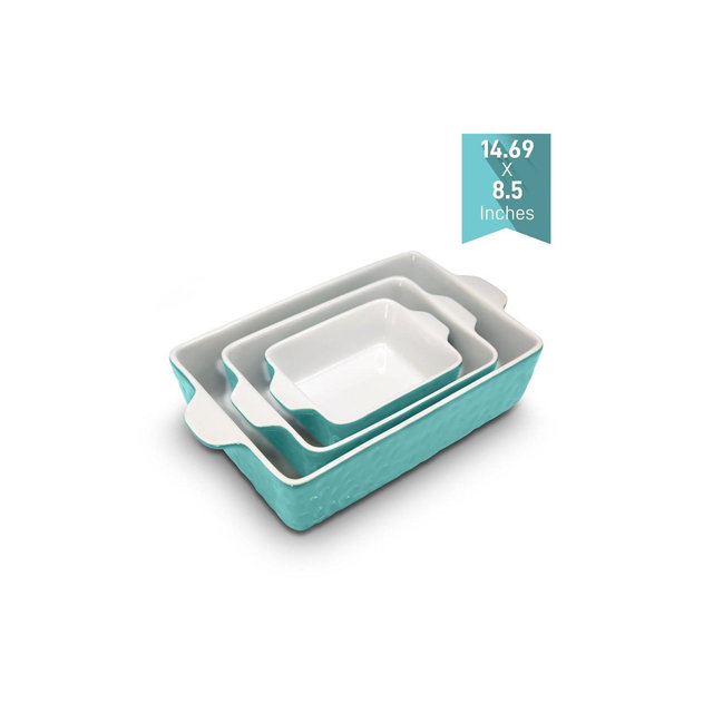 NutriChef 3Pcs. Nonstick Bakeware PFOA PFOS PTFE Tray Set w/Odor-Free Ceramic, 446°F Oven Microwave/Dishwasher Safe Rectangular Baking Pan, Aqua