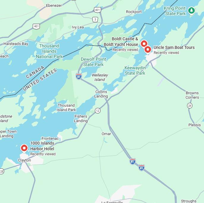 Ceremony/Reception Areas: 1. 1000 Islands Harbor Hotel (Reception), 2. Uncle Sam Boat Tours (Boat Shuttle to Ceremony), 3. Boldt Castle (Ceremony)