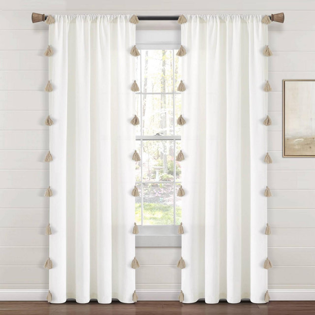 84"x52" Boho Faux Linen Texture Tassel Rod Pocket Window Curtain Panel Neutral - Lush Décor