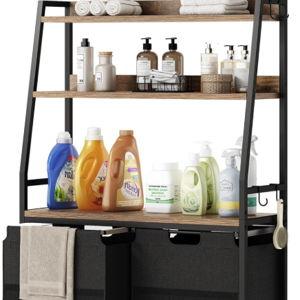 Lulive Double Laundry Hamper with Shelf, Laundry Basket with 3 Tier Storage Shelves & 4 Removable Hooks, Tall Laundry Sorter Clothes Hamper with Pull-Out Bags for Bathroom, Laundry Room