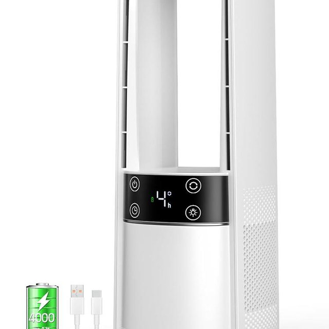 Desk Fan Bladeless, 120° Oscillating Fan Rechargeable, Quiet Fan with Night Light, Smart LED Touch Control, 4 Speed & 9H Timer, Small Table Fan, Auto Display Off, Ideal for Home, Office, Study Room