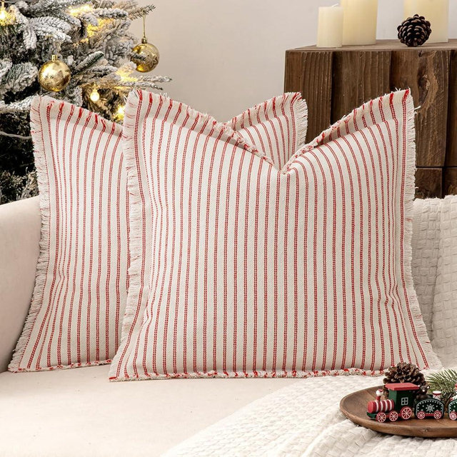 MIULEE Pack of 2 Christmas Red Pillow Covers 18x18 Inch Striped Farmhouse Couch Throw Pillow Covers with Fringe Chic Linen Decorative Cushion Covers for Sofa Living Room Bed Outdoor Home Decor
