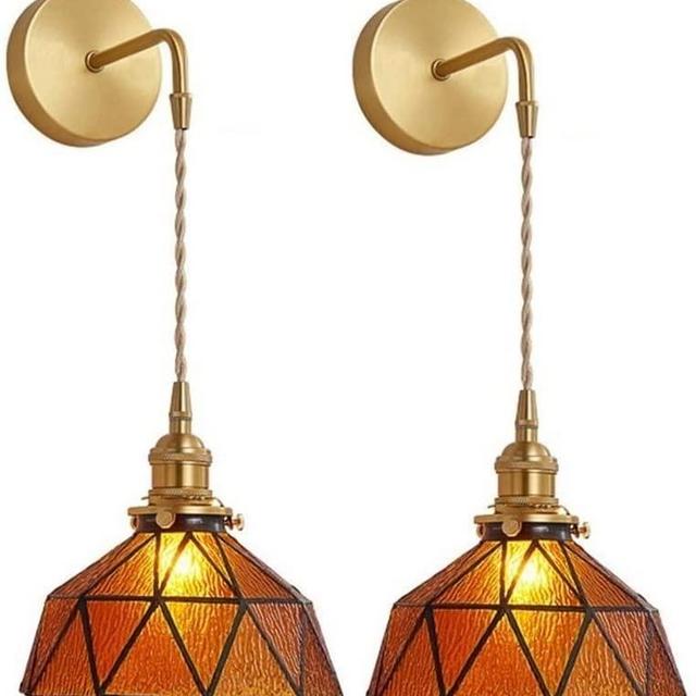 Tiffany Wall Sconces Battery Operated Set of 2,Indoor Wireless Wall Lights with Remote,Brown Glass shade Vintage Hanging Wall Lighting Fixture Wall Decor for Bedroom Bathroom Living Room Hallway