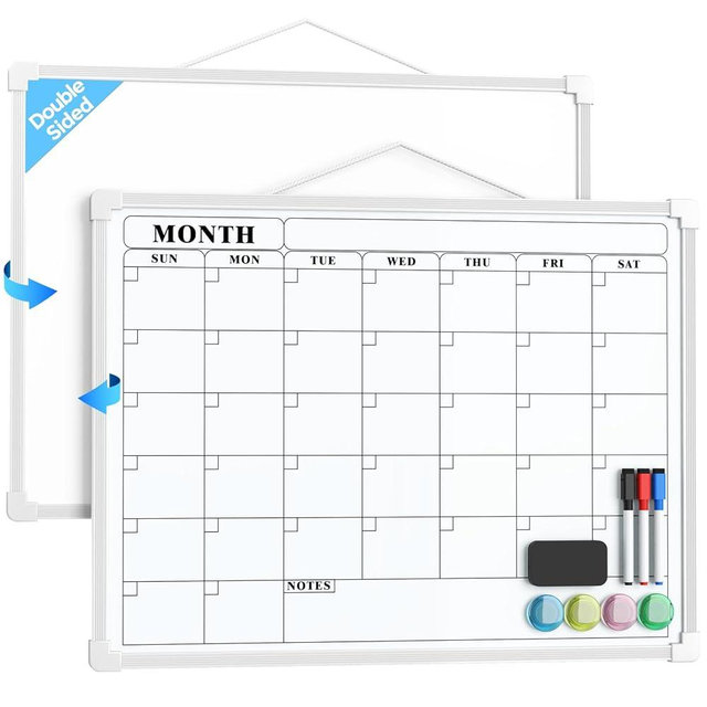 MaxGear Monthly Calendar Dry Erase Board for Wall, 16"x12" Small Hanging Double-Sided White Board, Portable Whiteboard for Planning, Drawing, Memo, to Do List, School, Home, Kitchen, Office