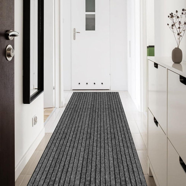 Runner Rug 2' x 6' Outdoor/Indoor, Rug with Natural Rubber Backing Non Slip for Hallway, Kitchen, Patio, Laundry, RV, Entryway, Garage, Bathroom, Area Rug Carpet, Grey Strip, Custom Size