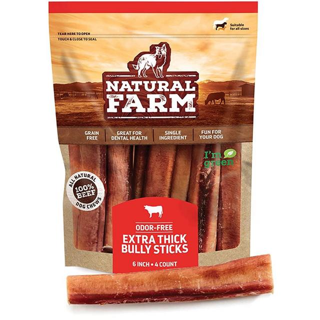 Natural Farm Jumbo Bully Sticks, Odor Free, 6-Inch (4-Count), Extra-Thick Dog Chews - Fully Digestible 100% Beef Treats, Supports Dental Health, Keep Your Dog Busy with 50% Longer Lasting Chews