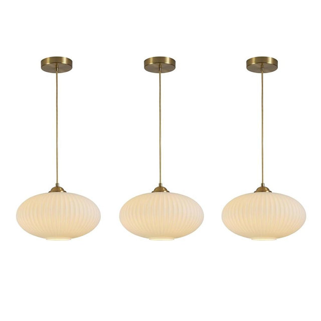 Flyrose Mid Century Modern Gold Globe Pendant Light Antique Brass Pendant Lights Kitchen Island Large Milk Glass Pendant Light Ribbed Glass Ceiling Hanging Light for Living Room Dining Room