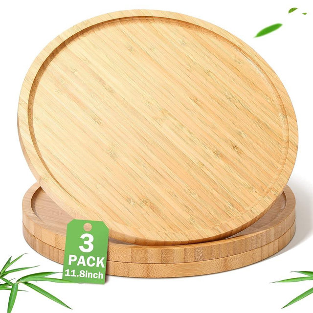 3 Pcs Bamboo Serving Tray Round Bamboo Tray Round Wood Plates Wooden Serving Platter Charcuterie Serving Board with Rim for Kitchen Counter Home Dinning Coffee Table Fruit Bread Plant Pot (11.8 Inch)