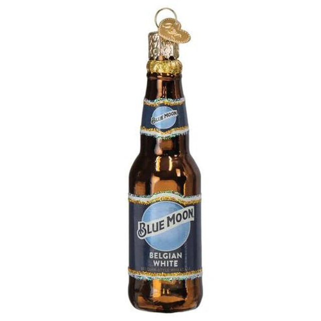 Old World Christmas Blue Moon Bottle Glass Blown Ornament for Christmas Tree, Handcrafted Holiday Decoration, Beer Collection