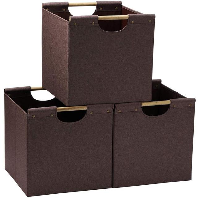 HOONEX Collapsible Storage Bins, 13x13x13 Inches Storage Cubes Linen Fabric, 3 Pack, Storage Baskets with Wooden Carry Handles and Sturdy Heavy Cardboard, for Home, Office, Car, Nursery, Brown