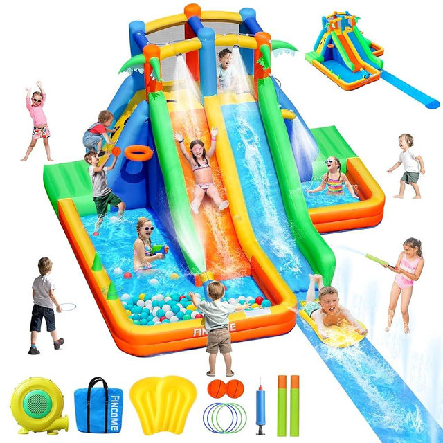 FINCOME Inflatable Water Slide Bounce House with Extend Long Splash Waterslide for Kids Backyard, Blow Up Bouncy Castle Park with 2 Water Pool, Basketball Hoop, Water Cannon for Indoor, Outdoor, Party