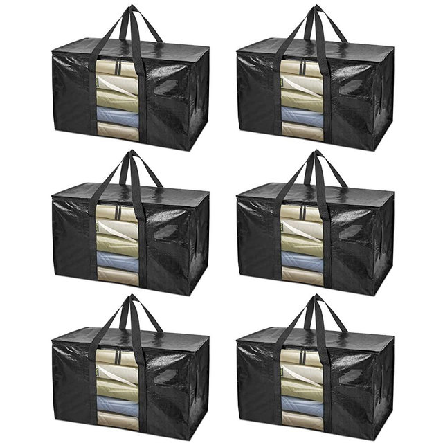 BALEINE 6-Pack Oversized Moving Bags with Reinforced Handles, Heavy-Duty Storage Tote for Clothes, Moving Supplies (Black with Window, 6-Pack)