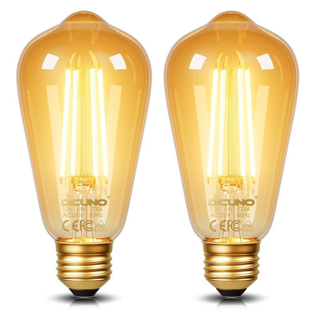 DiCUNO E26 Edison Bulbs 60W, 2200K Amber Warm, 6W LED Edison Bulb ST64, Amber Glass, Vintage LED Light for Home, 600LM, Non-Dimmable, CRI 80, Pack of 2