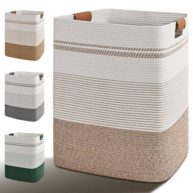 Degeyoyo Laundry Hamper, 85L Tall Laundry Basket with Leather Handles, Rectangle Large Clothes Hamper for Organizing, Cotton Woven Laundry Baskets Storage Hampers for Bedroom, Nursery, Living Room