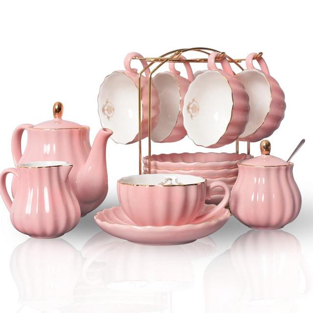 Porcelain Tea Sets British Royal Series, 8 OZ Cups& Saucer Service for 6, with Teapot Sugar Bowl Cream Pitcher Teaspoons and tea strainer for Tea/Coffee, The perfect gift for Thanksgiving