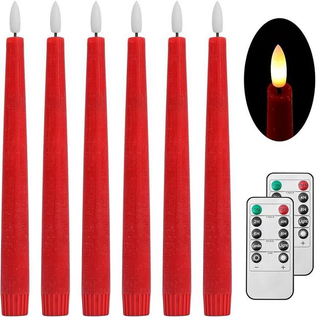 Stmarry Red Real Wax LED Flameless Taper Candles with Remote and Timer, 9.65 Inch Flameless Candlesticks, Dripless Battery Operated Candles with 3D Flickering Flame - Set of 6