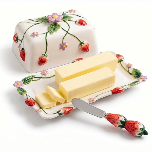 Ceramoira Strawberry Large Butter Dish with Lid & Spreader Knife | Ceramic Farmhouse Butter Holder for Countertop | Fits 2 Sticks | Handmade Embossed Cottagecore Butter Tray for Kitchen Decor