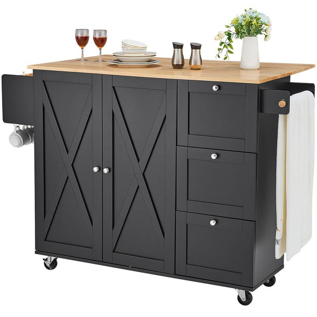 VEVOR Kitchen Island Cart, Rolling Table with Drop Leaf, Spice Rack, Towel Bar, Adjustable Shelf, Drawer, and Hooks, Mobile Island on Wheels, Mobile Carts with Storage Cabinet, 45.3" Wood Top, Black