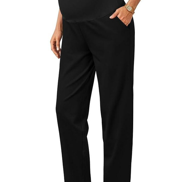OUGES Womens Stretchy Maternity Over Belly Casual Work Straight Leg Pants Ankle Business Office Trousers with Pockets