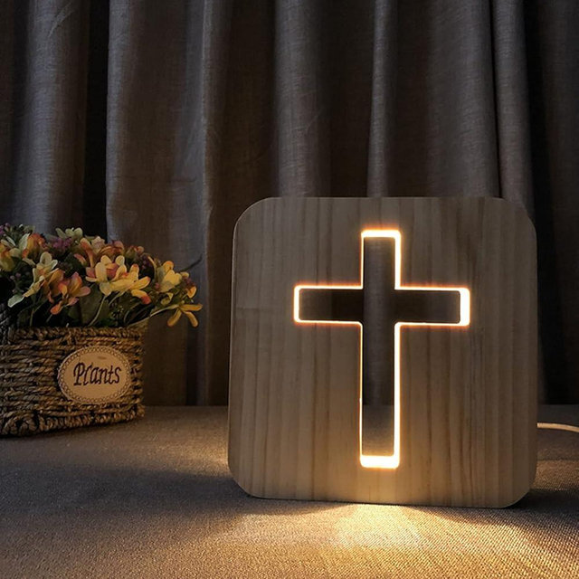 WLHONG Cross Shaped Wood Bedside Lamp, Jesus Cross 3D LED Optical Night Light, Personalized Room Decor Best Birthday Christian Retirement Gifts for Women Friend
