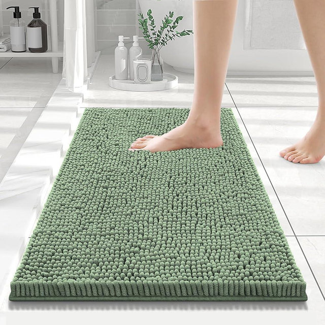 Smiry Luxury Chenille Bathroom Rugs 24x16, Extra Soft and Absorbent Shaggy Bath Mat, Machine Washable, Non-Slip Plush Carpet Runner for Tub, Shower, and Floor, Home Decor Accessories, Olive Green