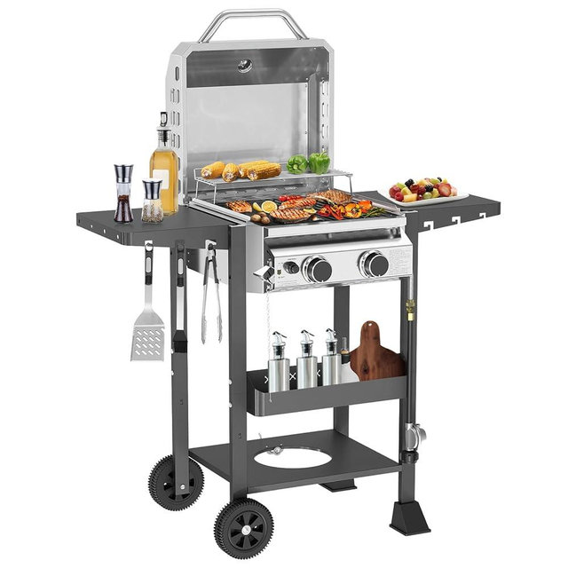 R.W.FLAME 2-Burner Stainless Steel Propane Grill, 16,000 BTU Portable Gas BBQ with Electronic Ignition, Wheels & Side Shelves for Patio & Camping