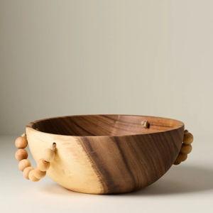 Solid Acacia Wood Serve Bowl with Beaded Handle
