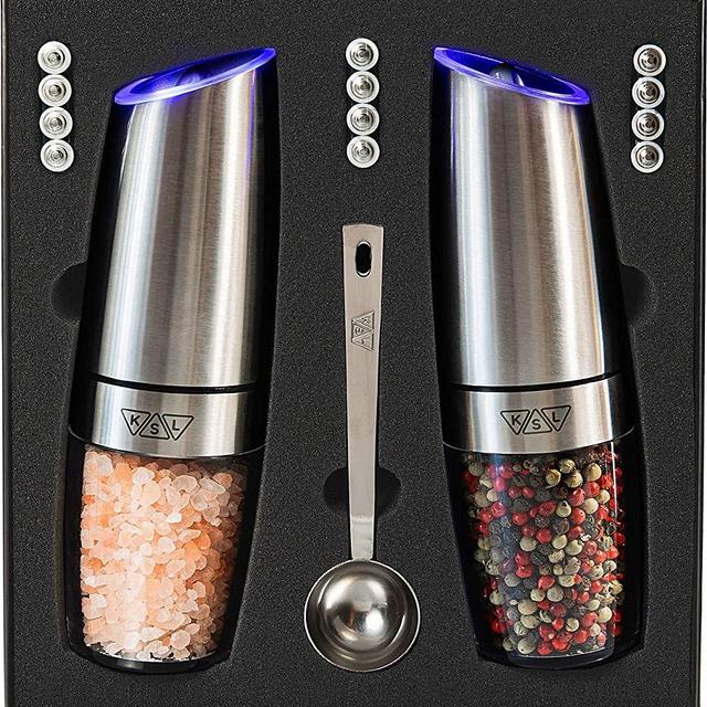 KSL Gravity Electric Salt and Pepper Grinder Set - Silver Automatic Adjustable Shaker, One Hand Operated Powered Spice Mill, Battery Operated Peppermill Light, Housewarming Gift Idea, Holiday Present
