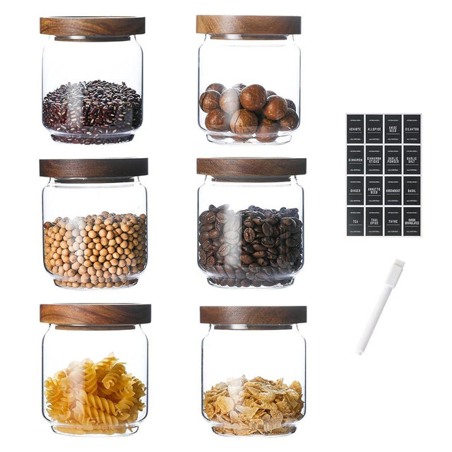 Homtop Glass Jars with Wood Lids 6 Pack with 112 Labels, 15 OZ Storage Food Canister for Coffee| Sugar| Snacks| Nuts