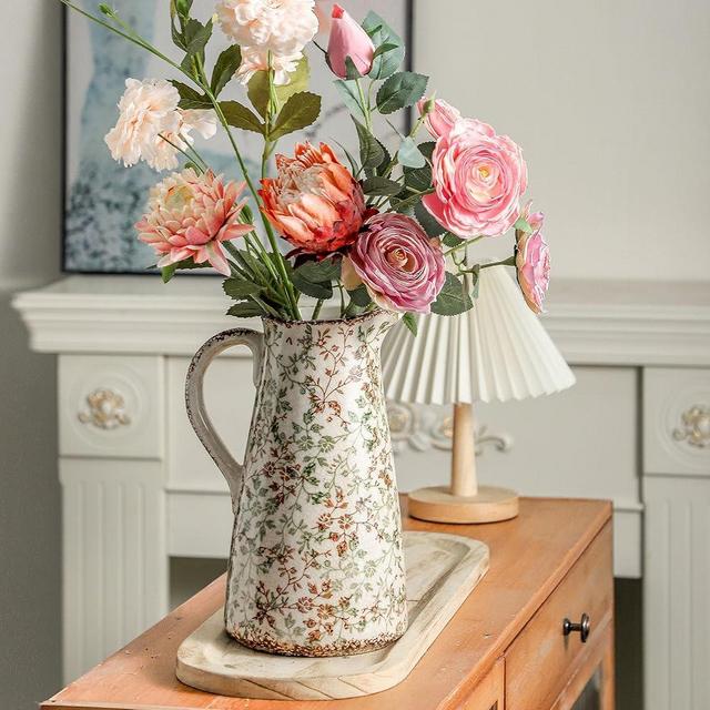 Enra Farmhouse Vintage vase with Handle,12.2 in Ceramic Chinoiserie Floral Vase,Green and Beige Decorative Flower vase,Large Rustic Vases for Home Decors, Living Room, Bookshelf, Office