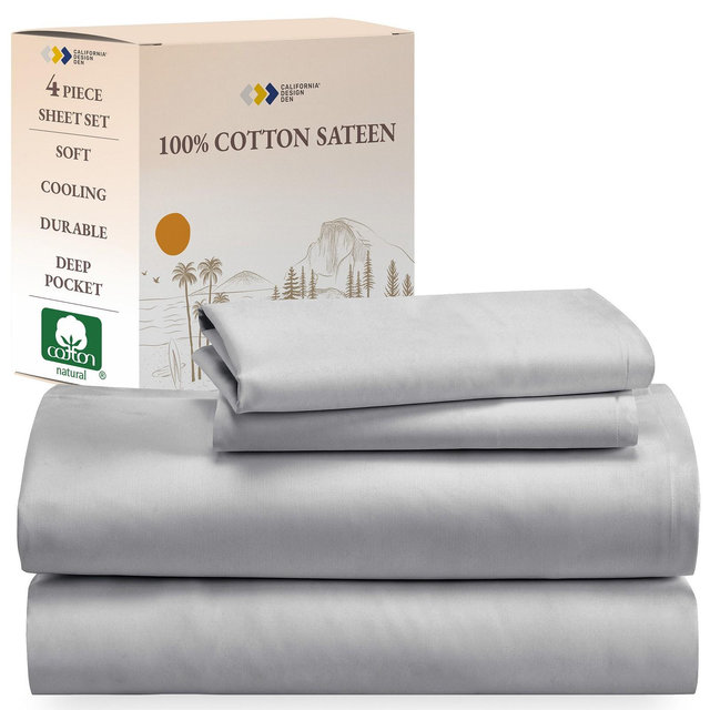 Soft 100% Cotton Sheets Set - Cooling Durable Sateen, Deep Pocket - by California Design Den - Light Gray, King