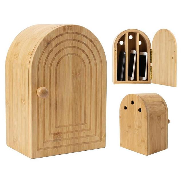 Helucidy Bamboo Cell Phone Lock Box, Phone Locker for Family Time, Phones Safe Device Lock Box for Families, Bamboo Phones Jail Storage Holder with Charging Holes