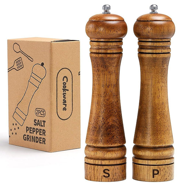 M JINGMEI Wooden Salt and Pepper Grinder Set, Premium Oak Wood Salt Grinders Shakers, Pepper Mill with S and P Engraving, Adjustable Ceramic Grinder – 10 inches, 2 Pack