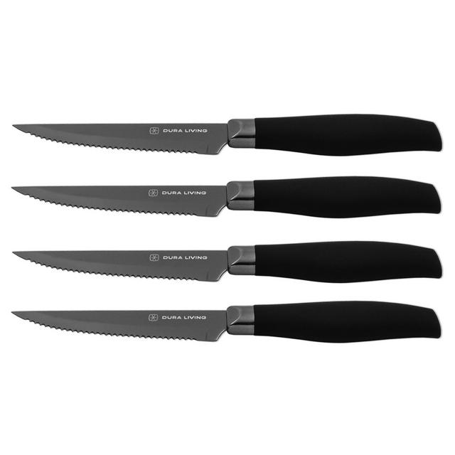 Dura Living Titan Series 4 Piece Titanium Plated Steak Knife Set with Blade Guards, Black