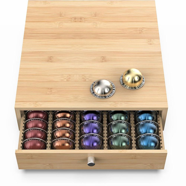 WELL WENG for Nespresso Vertuo Capsules (NV145) - Premium Bamboo Coffee Pod Drawer, 45 Big or 60 Small Vertuoline Pods Organizer - 13.25"Wx14"Dx3.9"H (Natural)